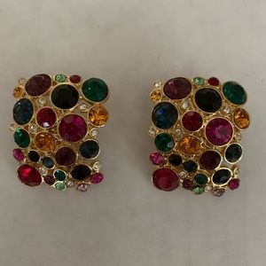 Gold tone/multi colored stone clip back earrings